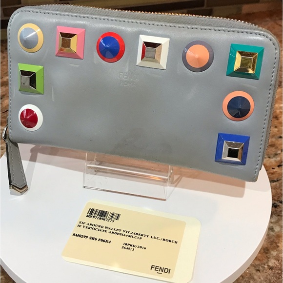 FENDI Vitello Liberty Multicolor Studded Leather Zip Around Wallet ππβ€οΈ - Picture 7 of 17